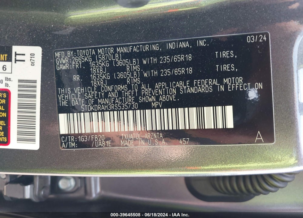 2024 TOYOTA HIGHLANDER LE VIN: 5TDKDRAH3RS535730