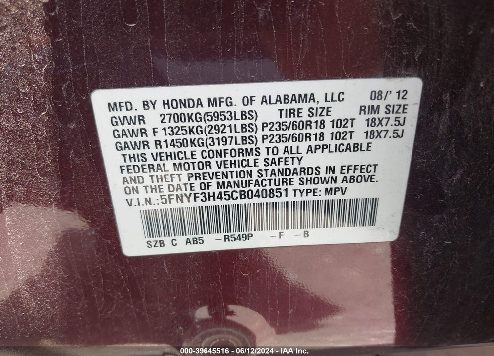2012 HONDA PILOT EX VIN: 5FNYF3H45CB040851