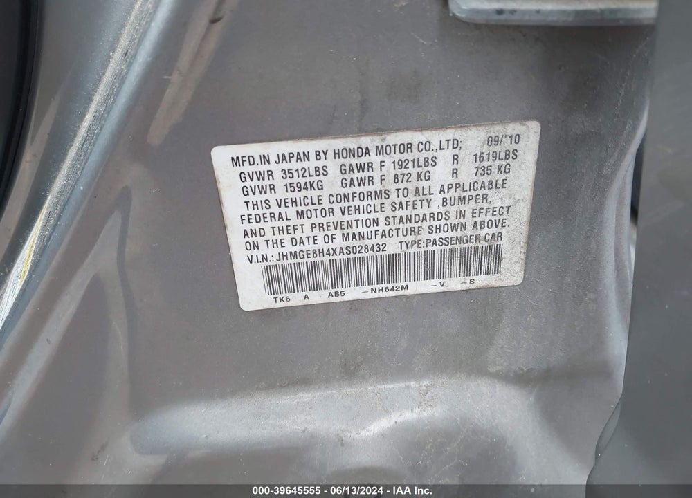 2010 HONDA FIT SPORT VIN: JHMGE8H4XAS028432