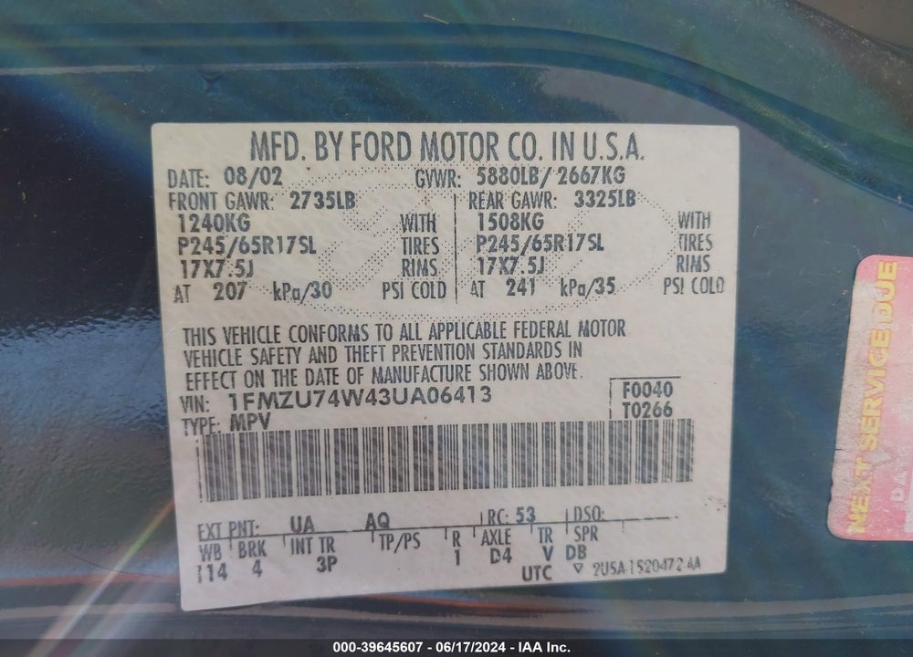 2003 FORD EXPLORER EDDIE BAUER VIN: 1FMZU74W43UA06413