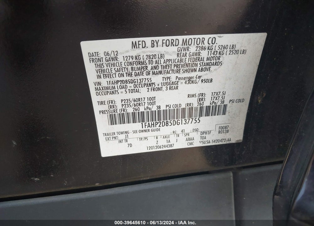 2013 FORD TAURUS SE VIN: 1FAHP2D85DG137755