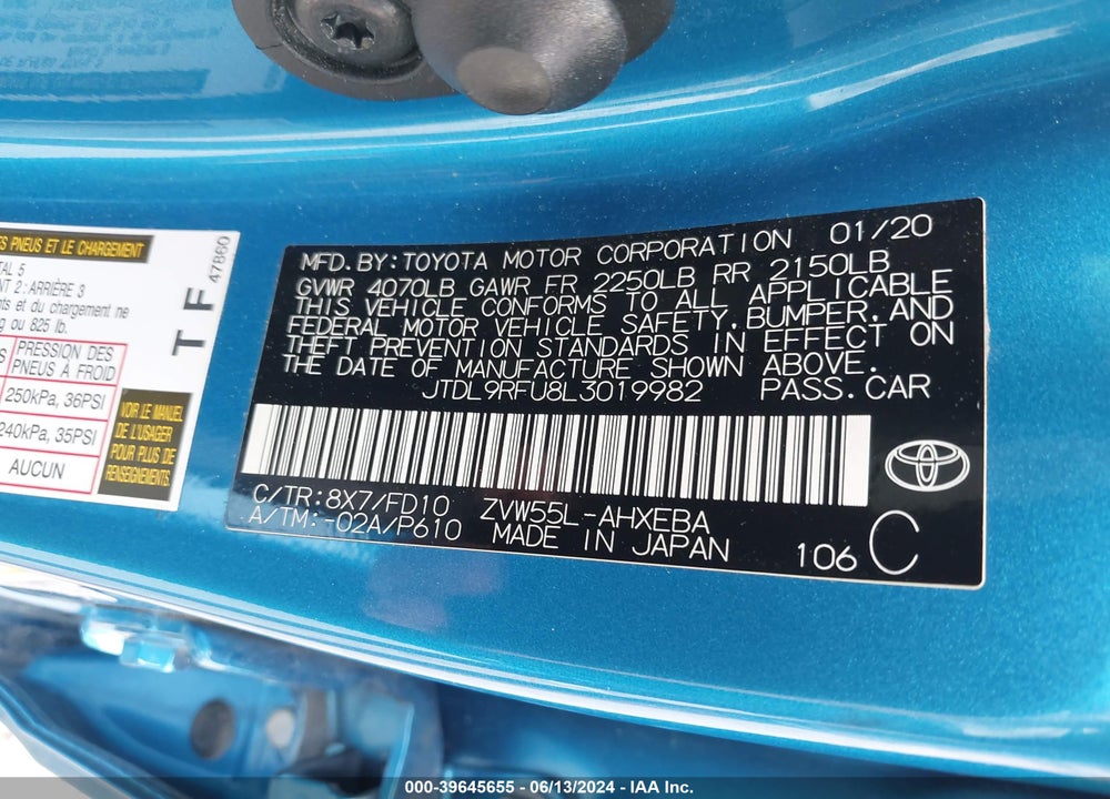 2020 TOYOTA PRIUS LE AWD-E VIN: JTDL9RFU8L3019982
