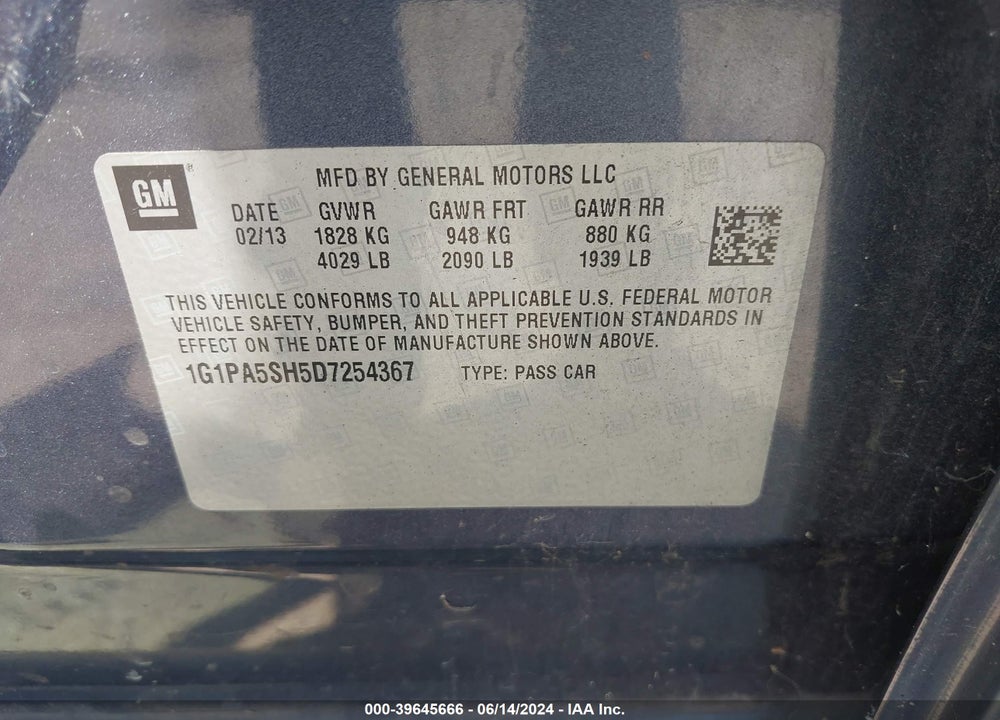 2013 CHEVROLET CRUZE LS AUTO VIN: 1G1PA5SH5D7254367