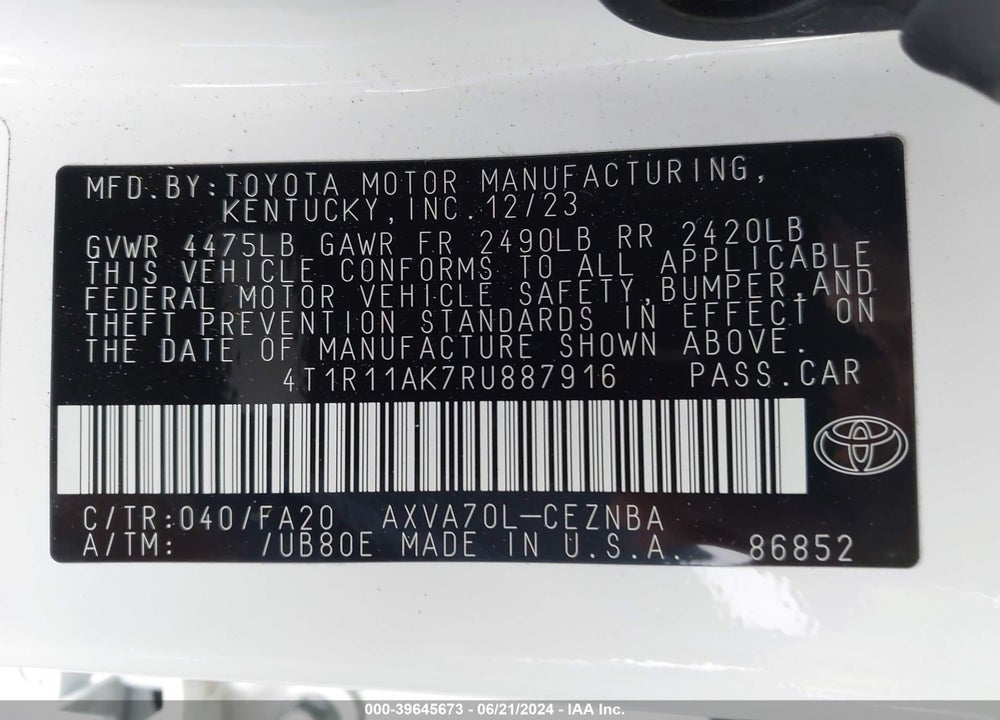 2024 TOYOTA CAMRY LE VIN: 4T1R11AK7RU887916