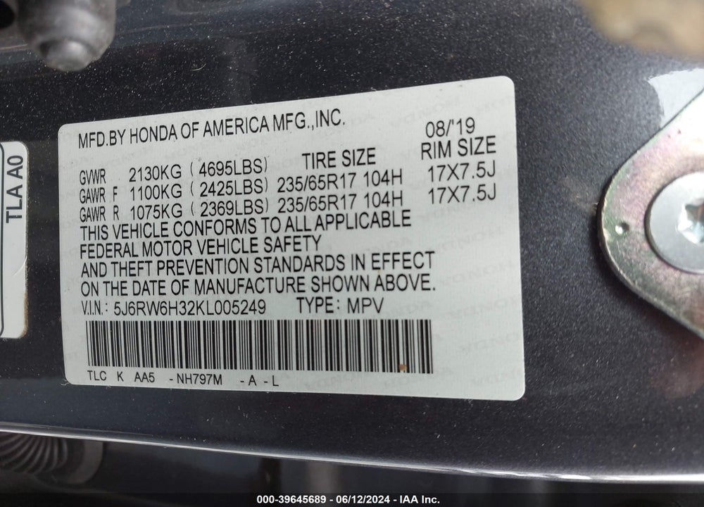 2019 HONDA CR-V LX VIN: 5J6RW6H32KL005249