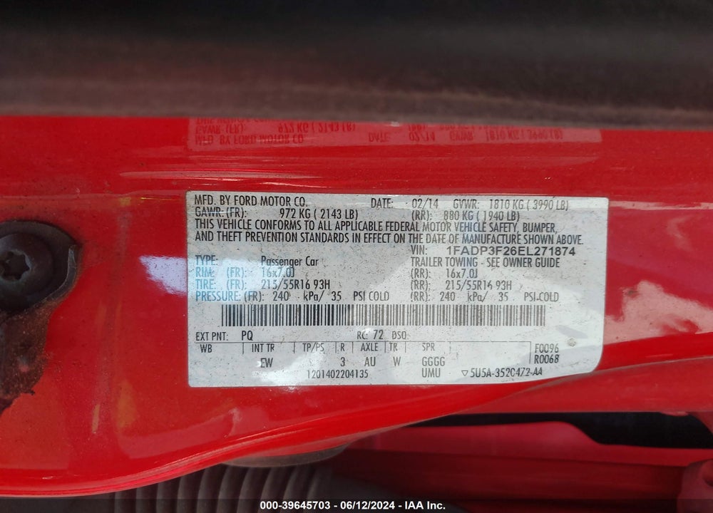 2014 FORD FOCUS SE VIN: 1FADP3F26EL271874