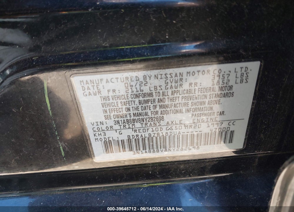2022 NISSAN SENTRA S XTRONIC CVT VIN: 3N1AB8BV8NY282698