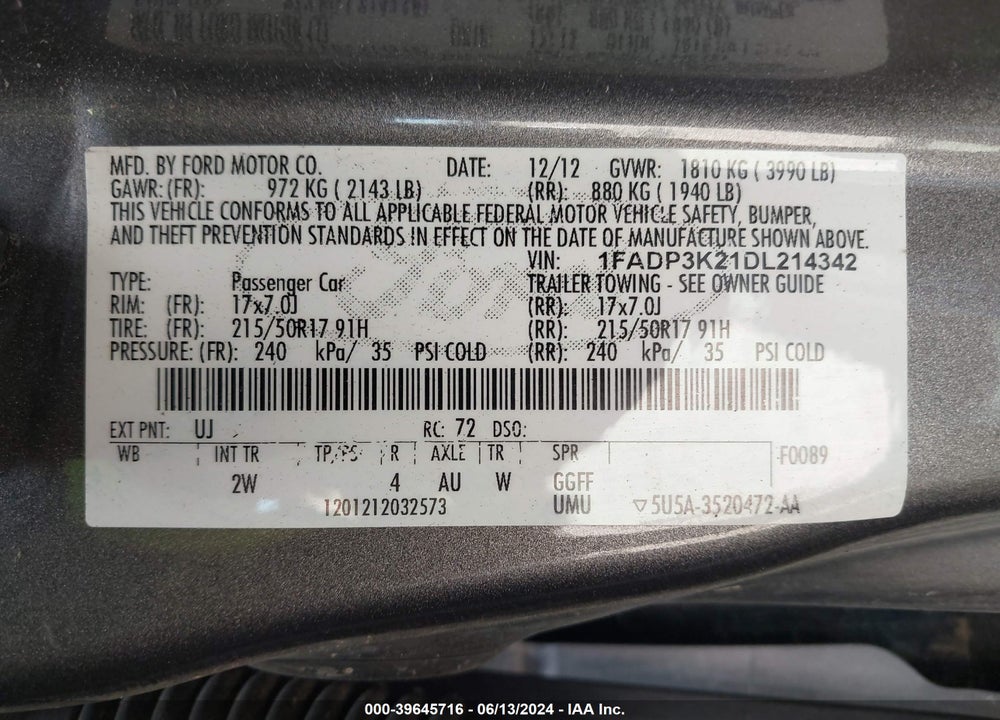 2013 FORD FOCUS SE VIN: 1FADP3K21DL214342