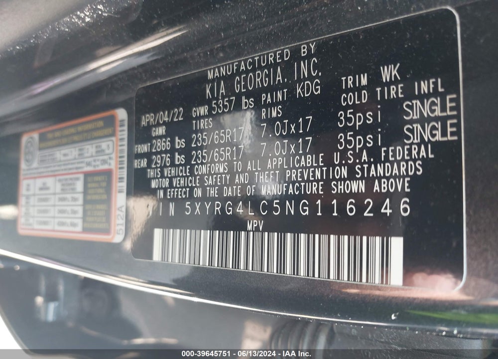2022 KIA SORENTO LX VIN: 5XYRG4LC5NG116246