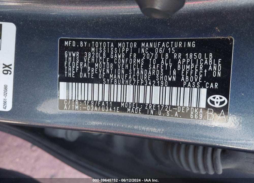 2015 TOYOTA COROLLA L VIN: 5YFBURHE7FP342190
