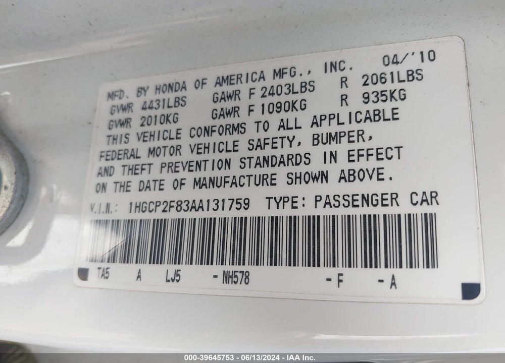 2010 HONDA ACCORD 2.4 EX-L VIN: 1HGCP2F83AA131759