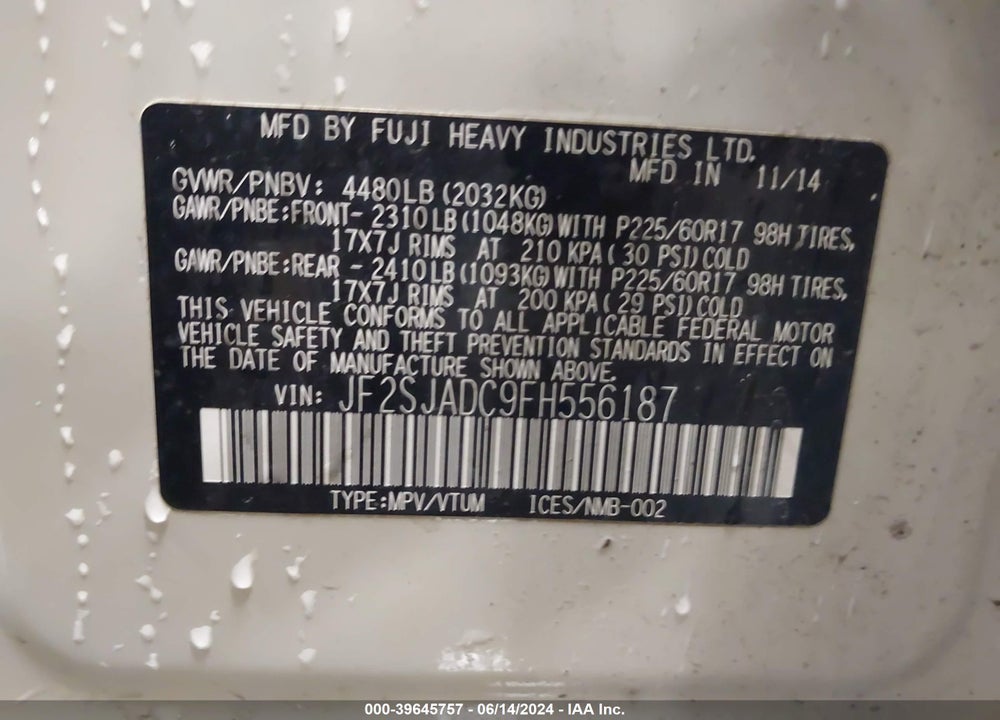 2015 SUBARU FORESTER 2.5I PREMIUM VIN: JF2SJADC9FH556187