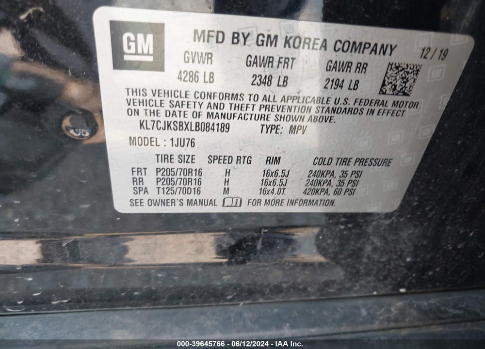 2020 CHEVROLET TRAX FWD LS VIN: KL7CJKSBXLB084189