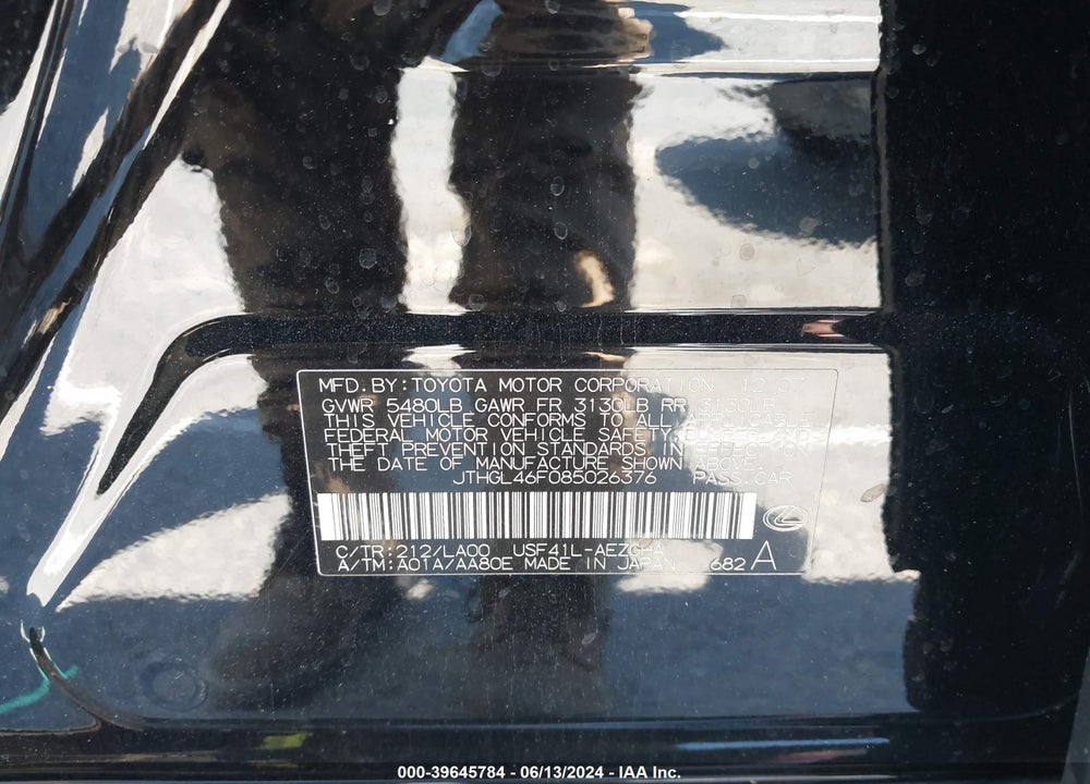 2008 LEXUS LS 460 L VIN: JTHGL46F085026376