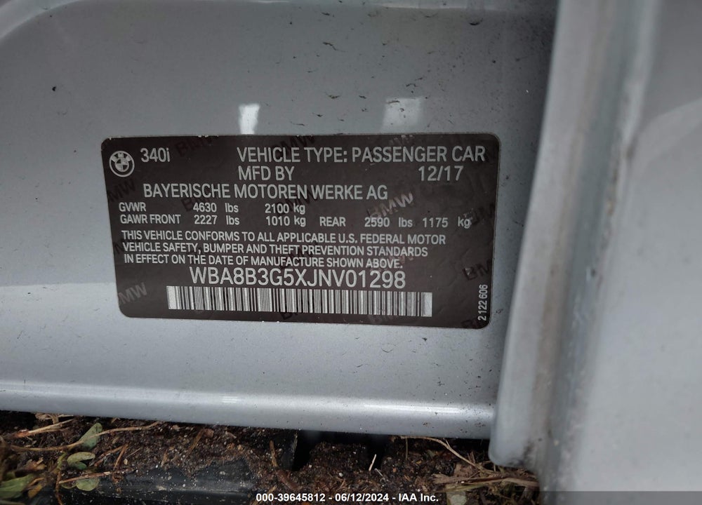 2018 BMW 340I VIN: WBA8B3G5XJNV01298