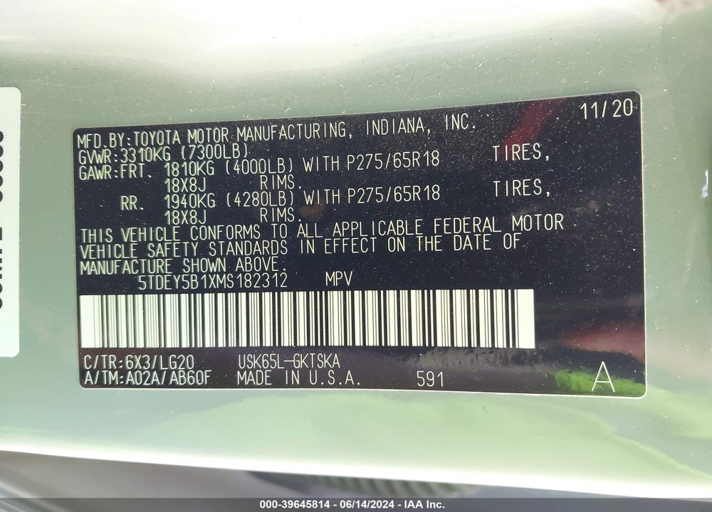 2021 TOYOTA SEQUOIA TRD PRO VIN: 5TDEY5B1XMS182312