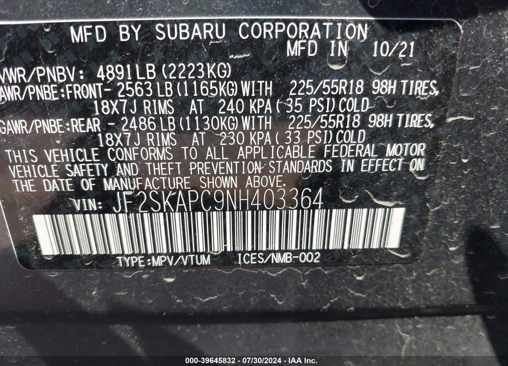 2022 SUBARU FORESTER LIMITED VIN: JF2SKAPC9NH403364