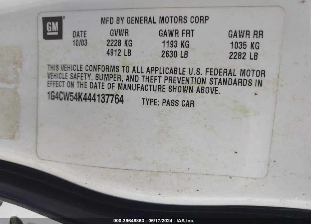 2004 BUICK PARK AVENUE VIN: 1G4CW54K444137764