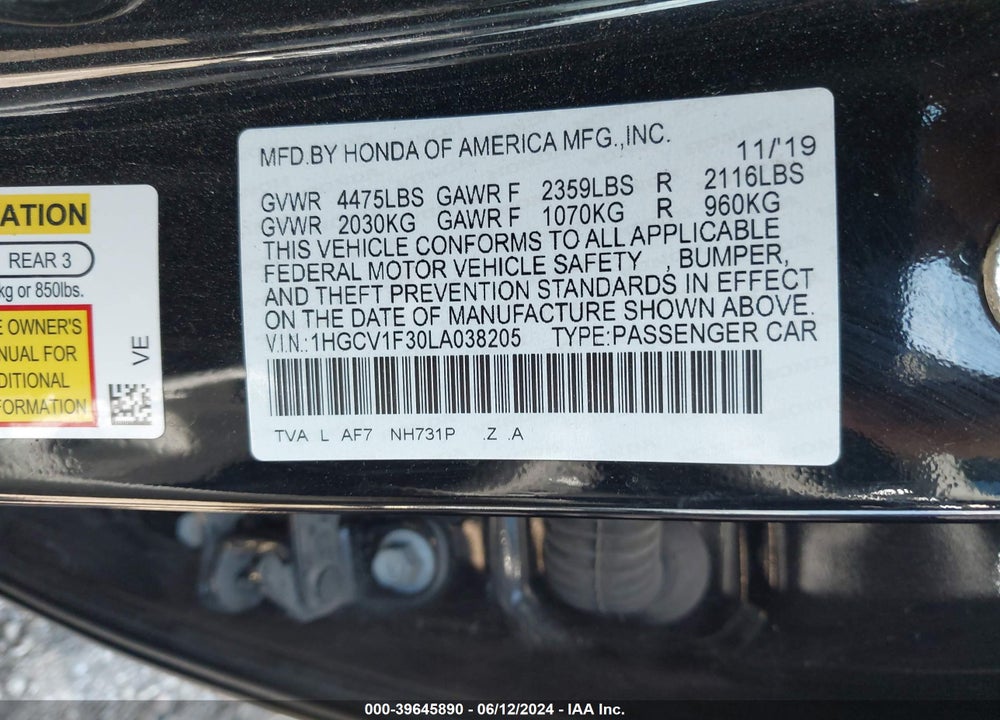 2020 HONDA ACCORD SPORT VIN: 1HGCV1F30LA038205