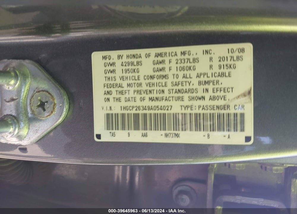 2009 HONDA ACCORD 2.4 LX VIN: 1HGCP26349A054027