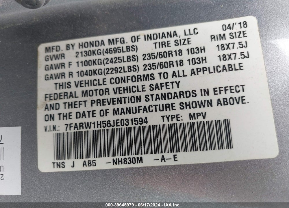 2018 HONDA CR-V EX VIN: 7FARW1H56JE031594