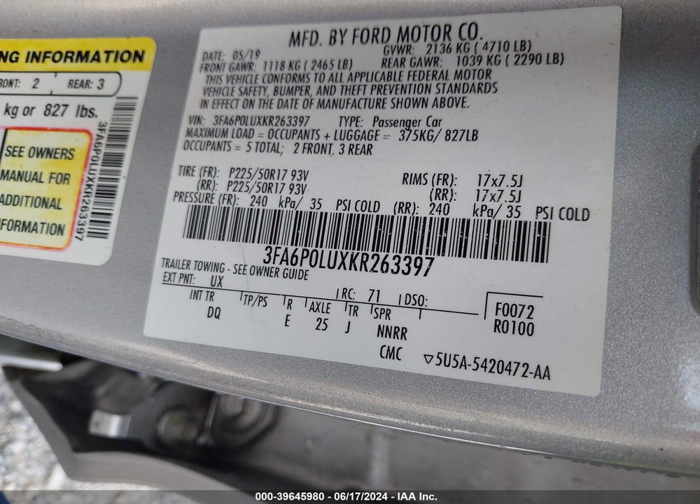 2019 FORD FUSION HYBRID SE VIN: 3FA6P0LUXKR263397