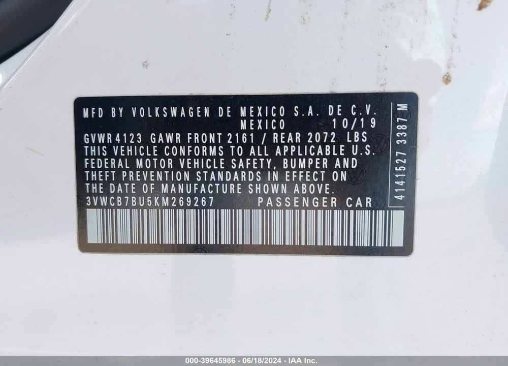 2019 VOLKSWAGEN JETTA 1.4T R-LINE/1.4T S/1.4T SE VIN: 3VWCB7BU5KM269267