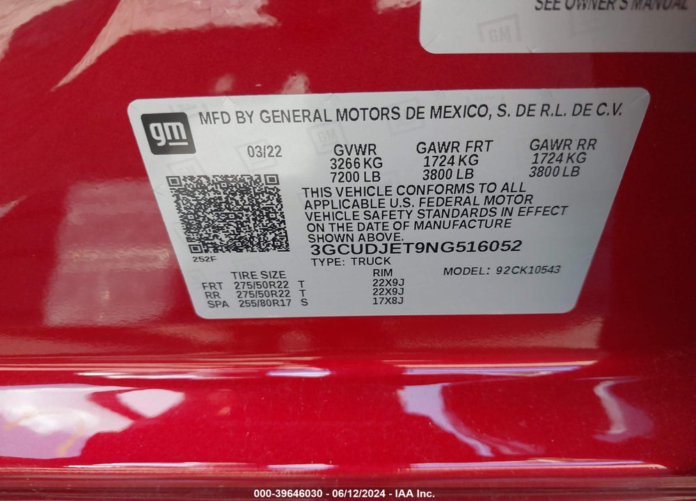 2022 CHEVROLET SILVERADO 1500 4WD SHORT BED HIGH COUNTRY VIN: 3GCUDJET9NG516052