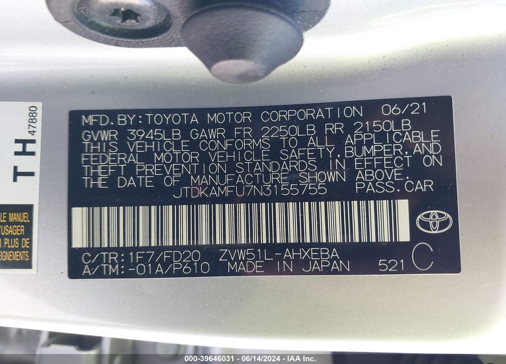 2022 TOYOTA PRIUS LE VIN: JTDKAMFU7N3155755
