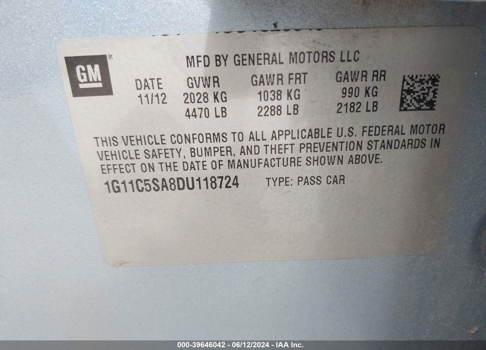 2013 CHEVROLET MALIBU 1LT VIN: 1G11C5SA8DU118724