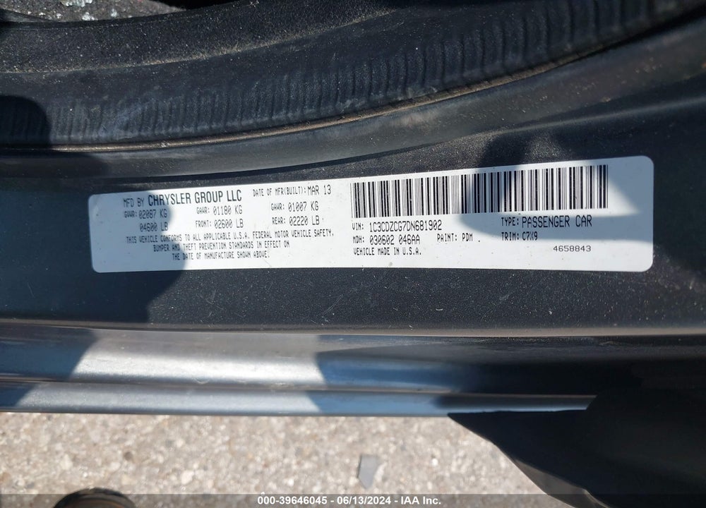 2013 DODGE AVENGER SXT VIN: 1C3CDZCG7DN681902