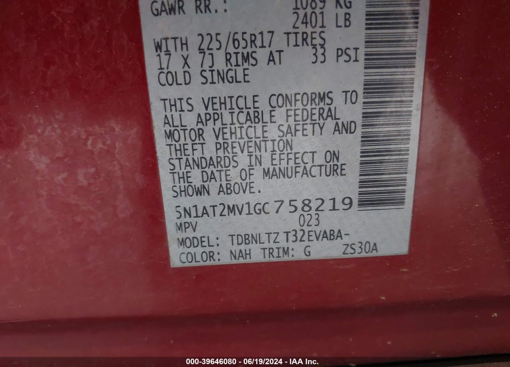 2016 NISSAN ROGUE SV VIN: 5N1AT2MV1GC758219