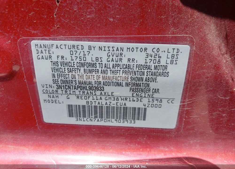 2017 NISSAN VERSA 1.6 S+ VIN: 3N1CN7AP0HL903933