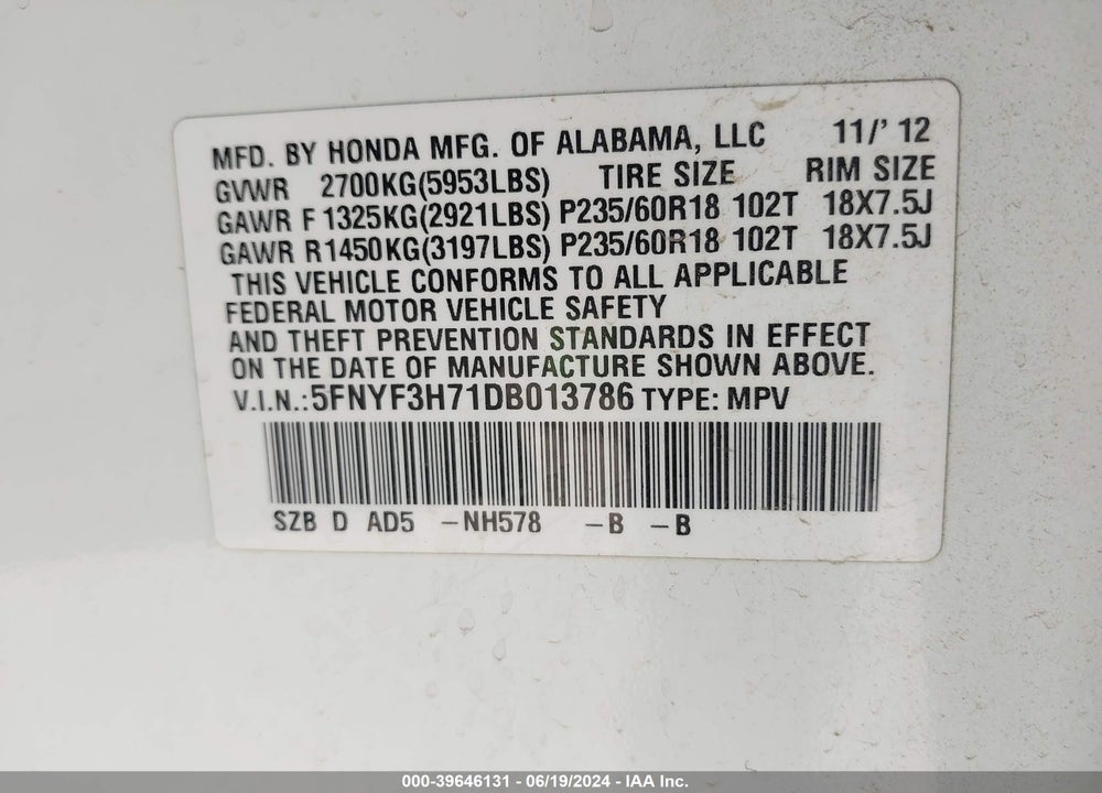 2013 HONDA PILOT EX-L VIN: 5FNYF3H71DB013786