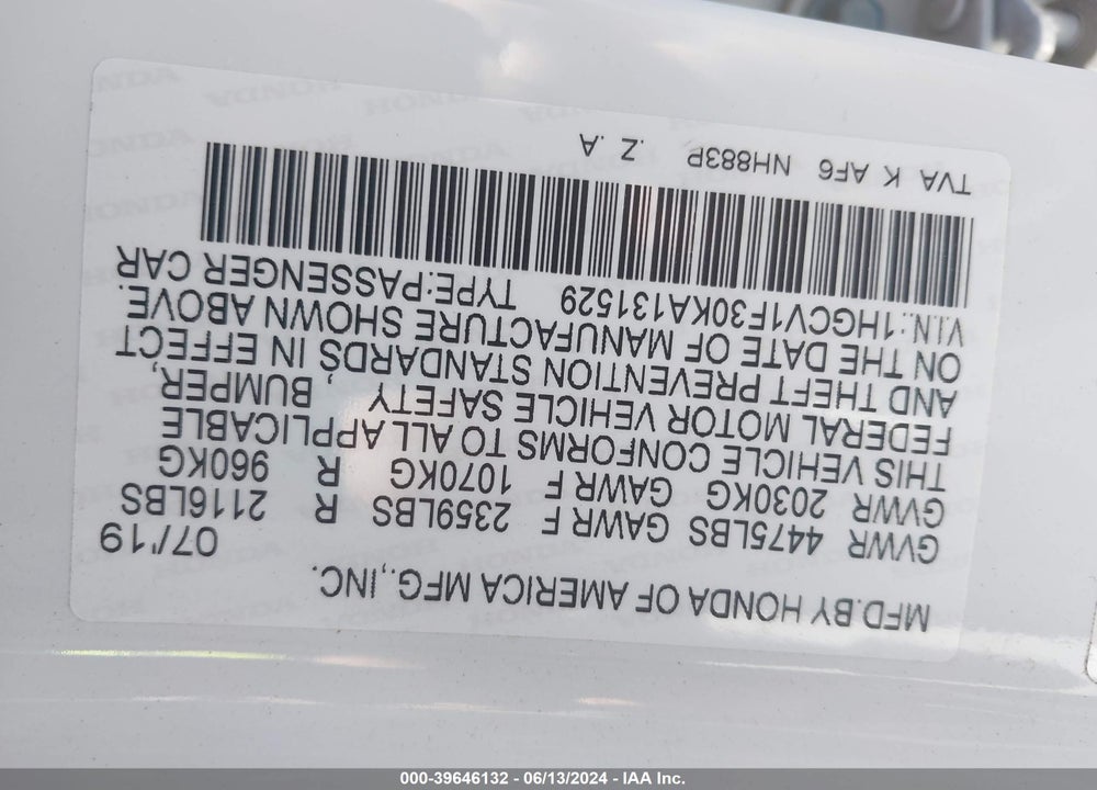 2019 HONDA ACCORD SPORT VIN: 1HGCV1F30KA131529