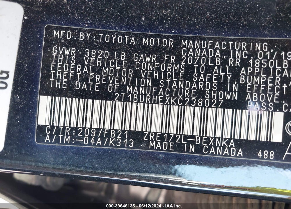 2019 TOYOTA COROLLA LE VIN: 2T1BURHEXKC238027