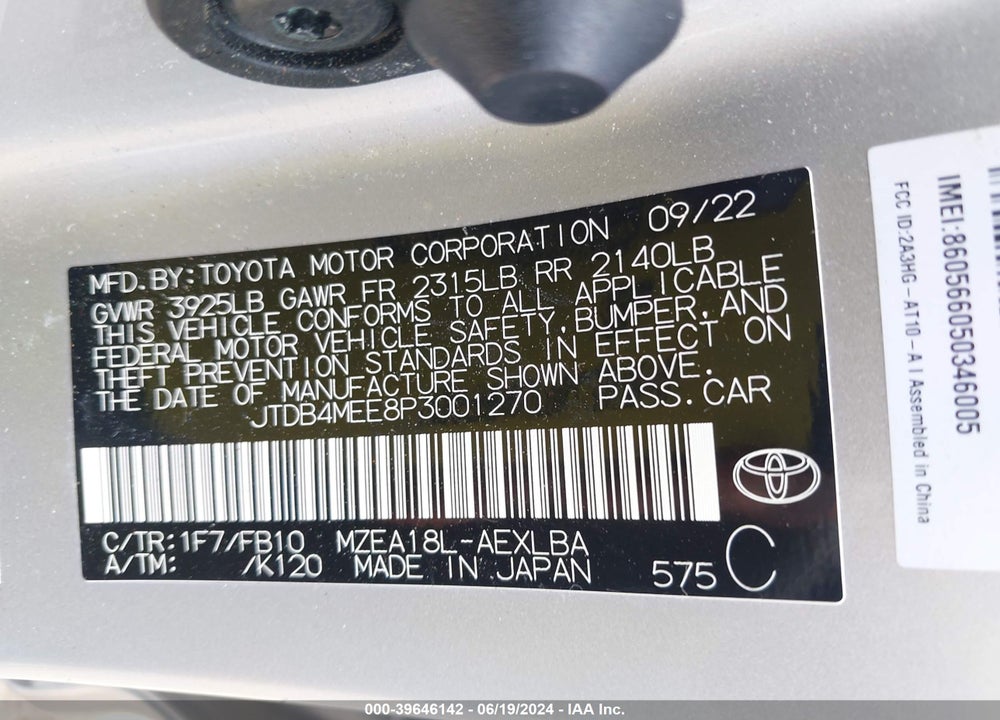 2023 TOYOTA COROLLA LE VIN: JTDB4MEE8P3001270