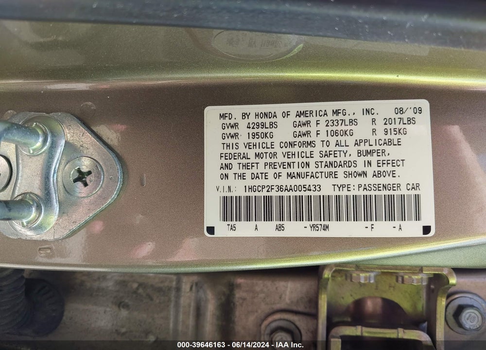 2010 HONDA ACCORD VIN: 1HGCP2F36AA005433
