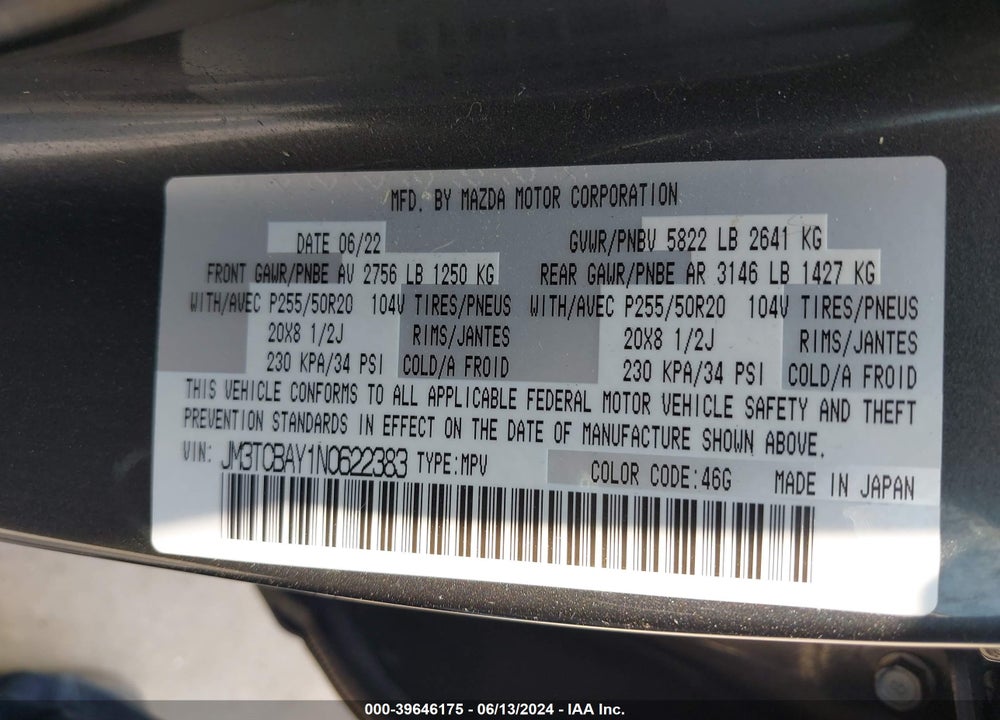 2022 MAZDA CX-9 TOURING PLUS VIN: JM3TCBAY1N0622383