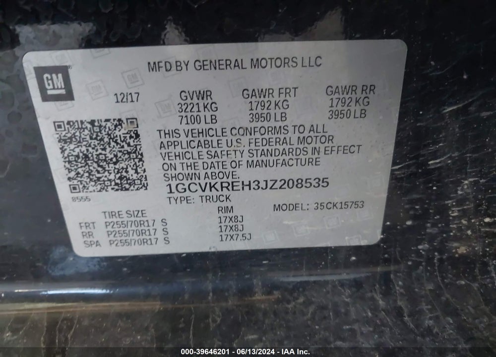 2018 CHEVROLET SILVERADO 1500 1LT VIN: 1GCVKREH3JZ208535