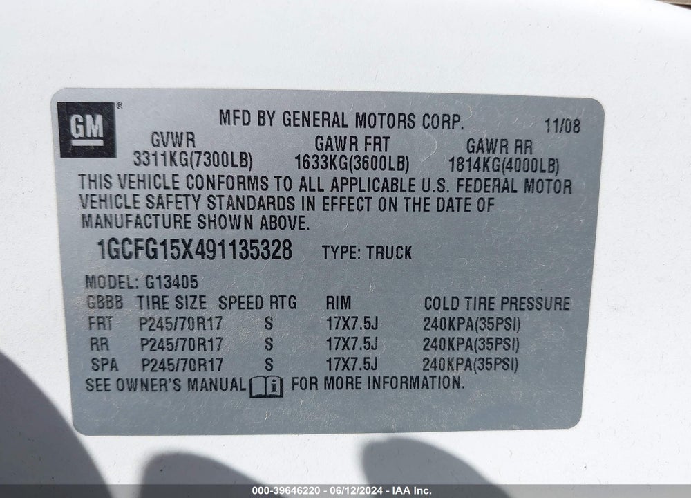 2009 CHEVROLET EXPRESS 1500 WORK VAN VIN: 1GCFG15X491135328