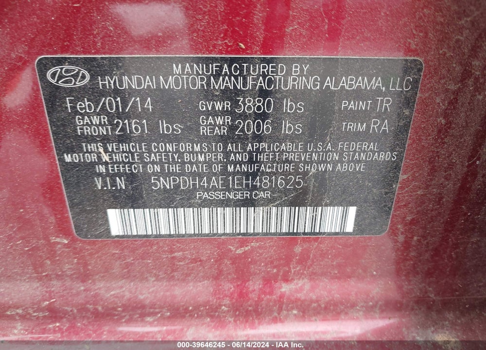 2014 HYUNDAI ELANTRA SE VIN: 5NPDH4AE1EH481625