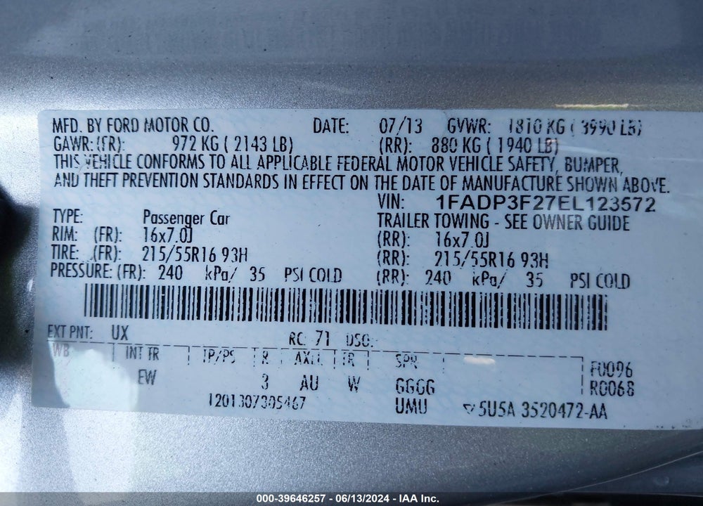 2014 FORD FOCUS SE VIN: 1FADP3F27EL123572