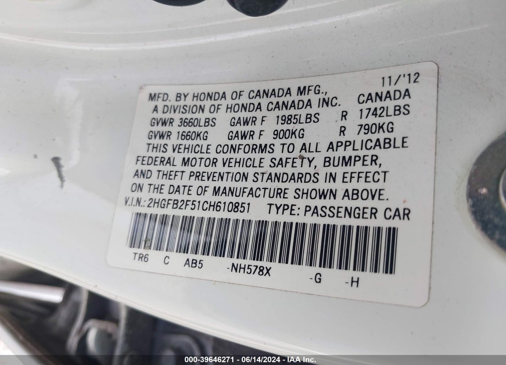 2012 HONDA CIVIC LX VIN: 2HGFB2F51CH610851