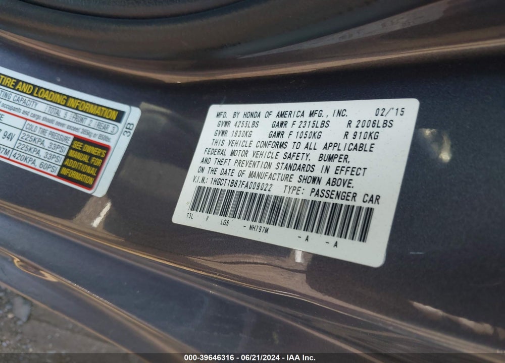 2015 HONDA ACCORD EX-L VIN: 1HGCT1B87FA009022