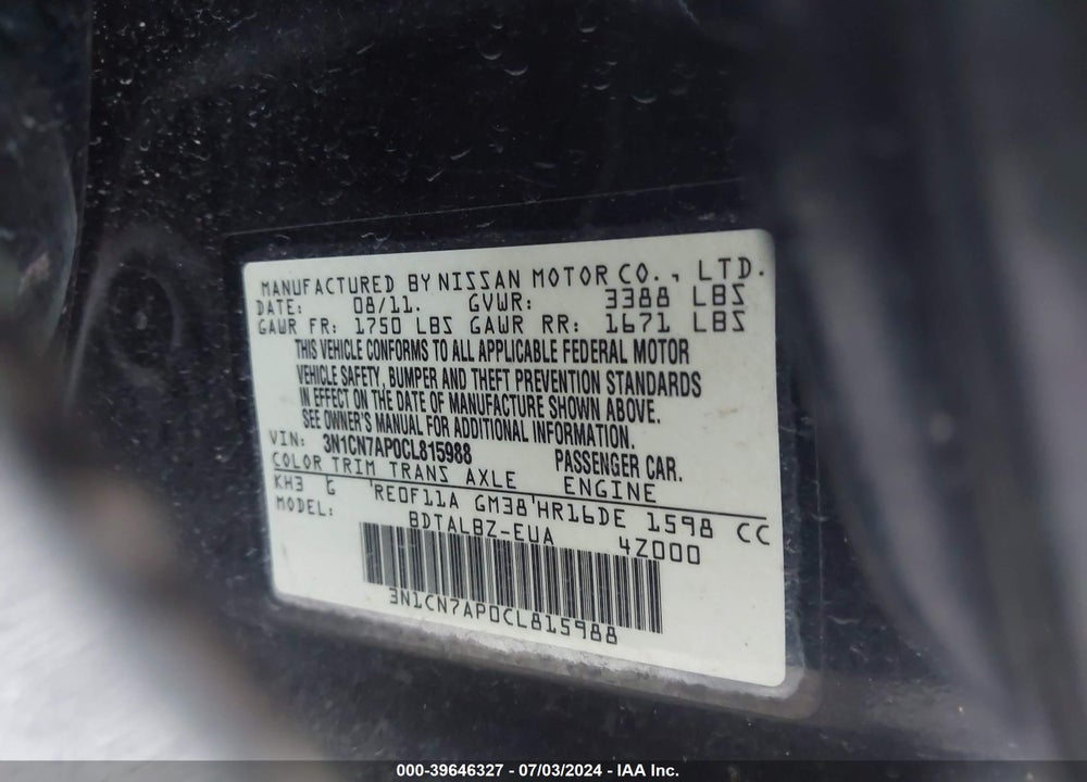 2012 NISSAN VERSA 1.6 SV VIN: 3N1CN7AP0CL815988