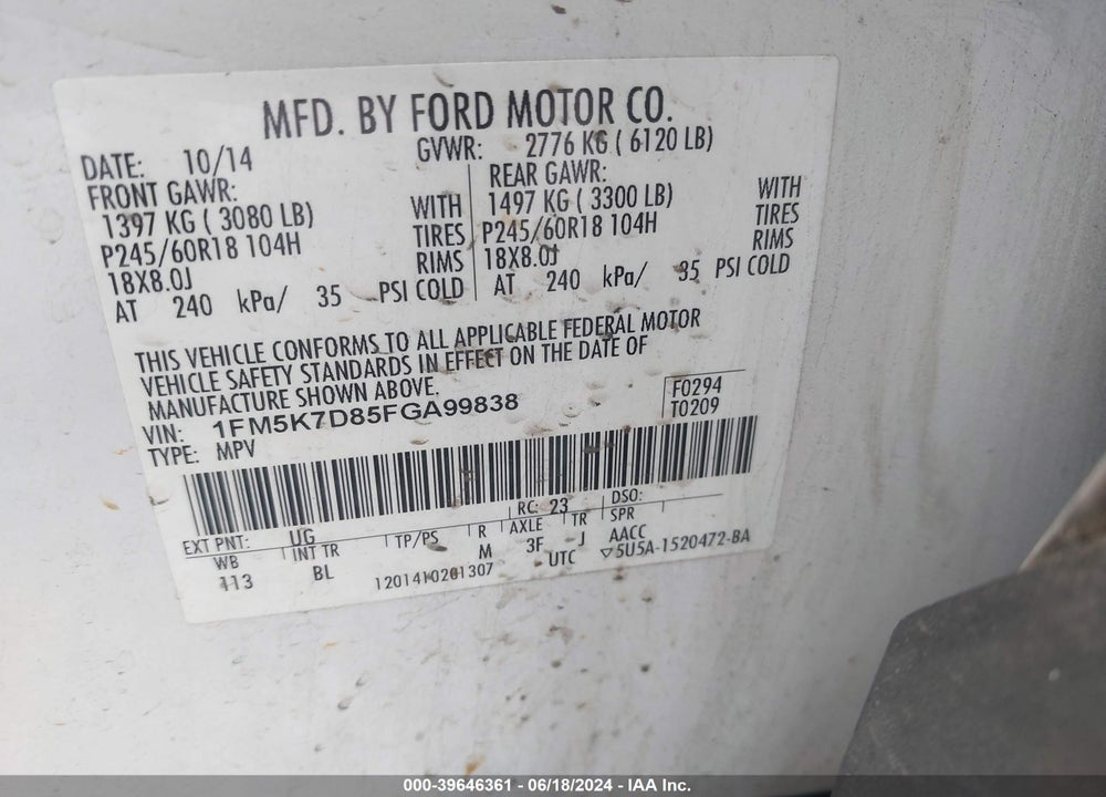 2015 FORD EXPLORER XLT VIN: 1FM5K7D85FGA99838