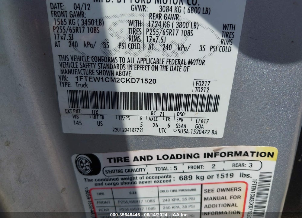 2012 FORD F-150 XLT VIN: 1FTEW1CM2CKD71520