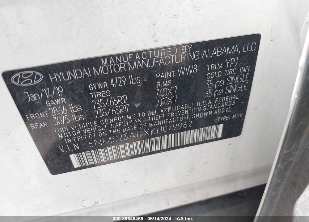 2019 HYUNDAI SANTA FE SE VIN: 5NMS23ADXKH079962