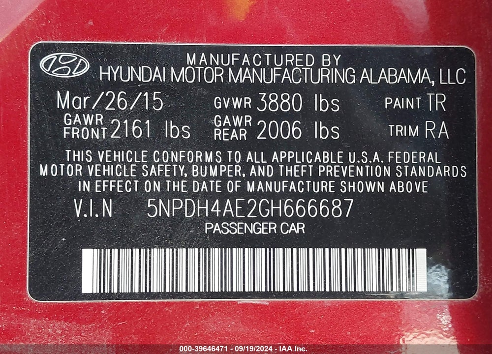 2016 HYUNDAI ELANTRA SE VIN: 5NPDH4AE2GH666687
